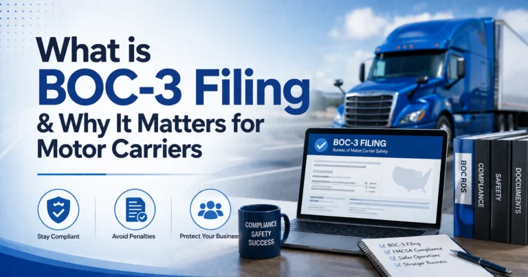FMCSA BOC-3 filing process showing a motor carrier designating a blanket process agent before activating operating authority.