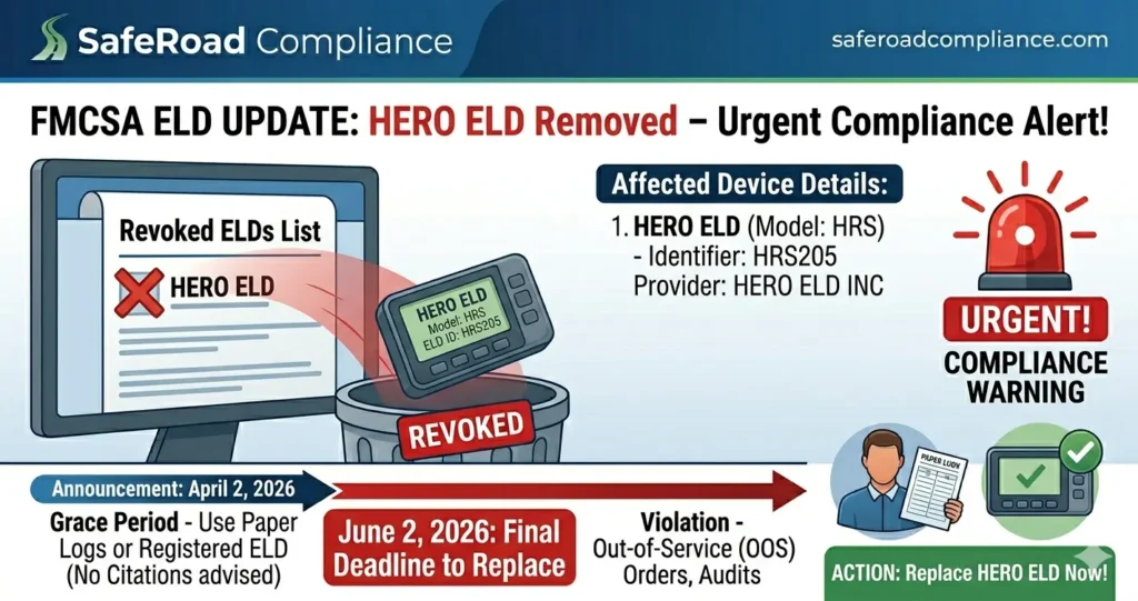 FMCSA removes HERO ELD 2026 compliance warning trucking companies