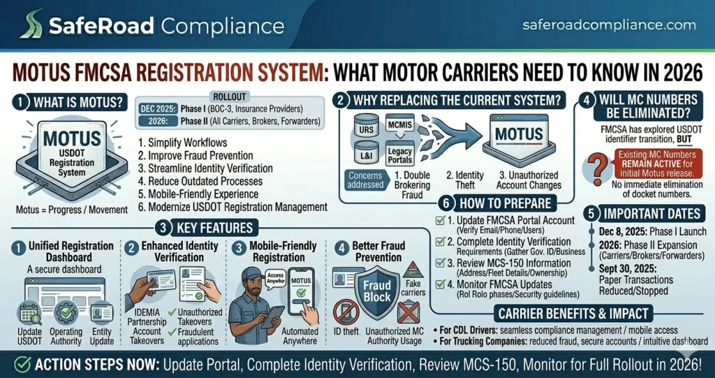 Illustration of the FMCSA Motus registration system showing trucking compliance, USDOT registration management, and carrier identity verification process.