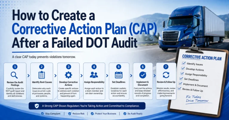 Learn how to create a DOT Corrective Action Plan after a failed FMCSA audit, including timelines, required evidence, CAP structure, and submission tips.