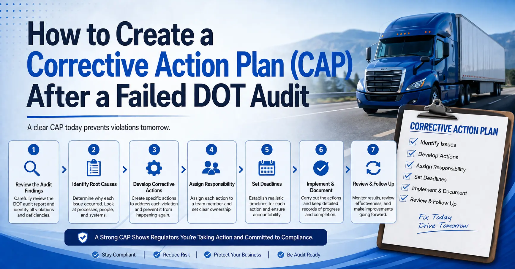 Learn how to create a DOT Corrective Action Plan after a failed FMCSA audit, including timelines, required evidence, CAP structure, and submission tips.