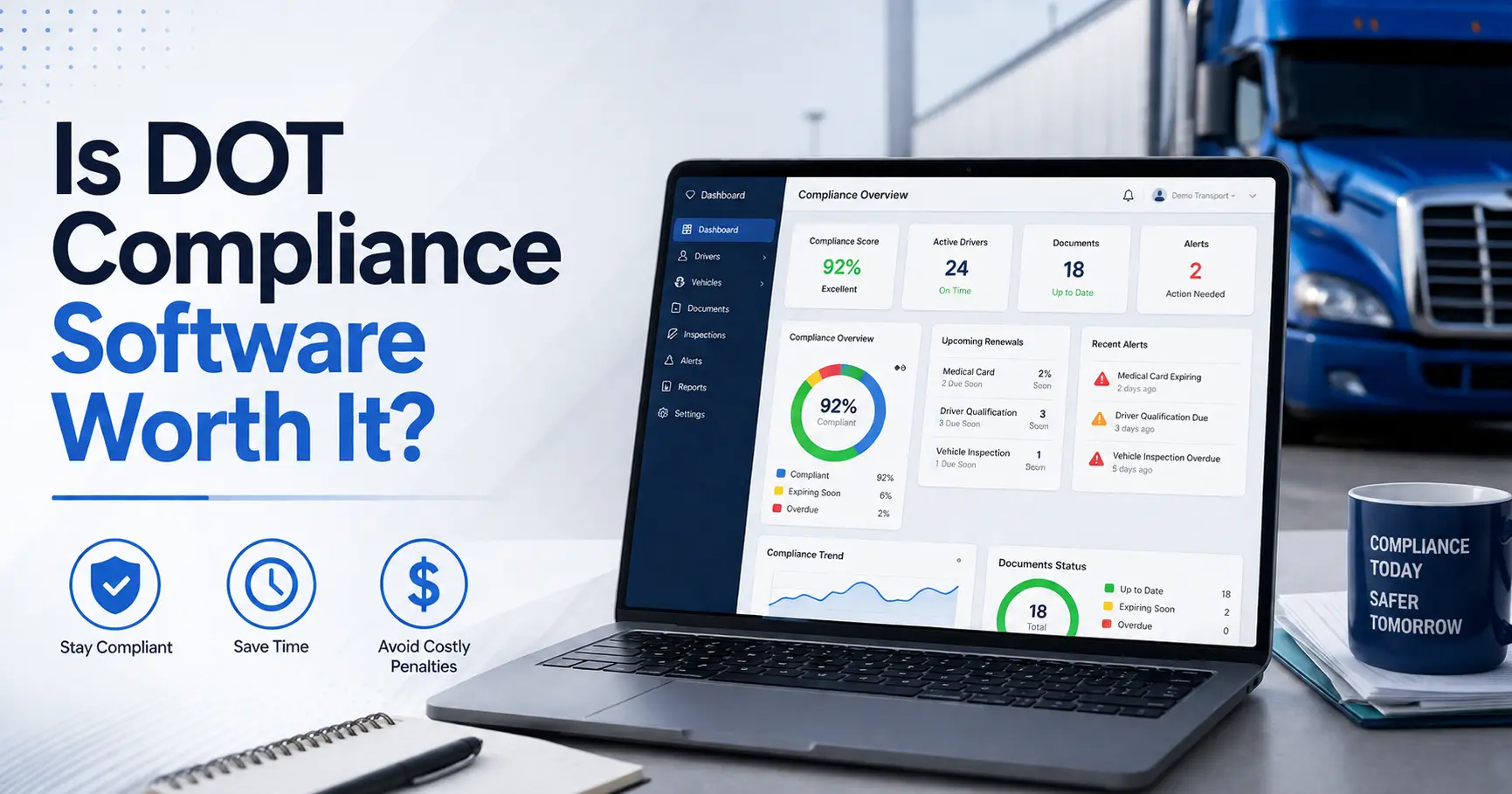 Fleet manager reviewing DOT compliance software dashboard with driver qualification files, inspections, and FMCSA compliance records.