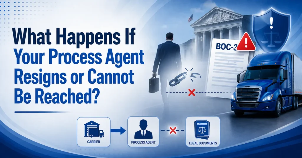 Motor carrier reviewing BOC-3 process agent replacement documents while updating FMCSA records after a process agent resignation.