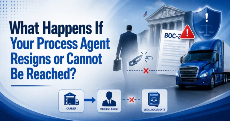 Motor carrier reviewing BOC-3 process agent replacement documents while updating FMCSA records after a process agent resignation.