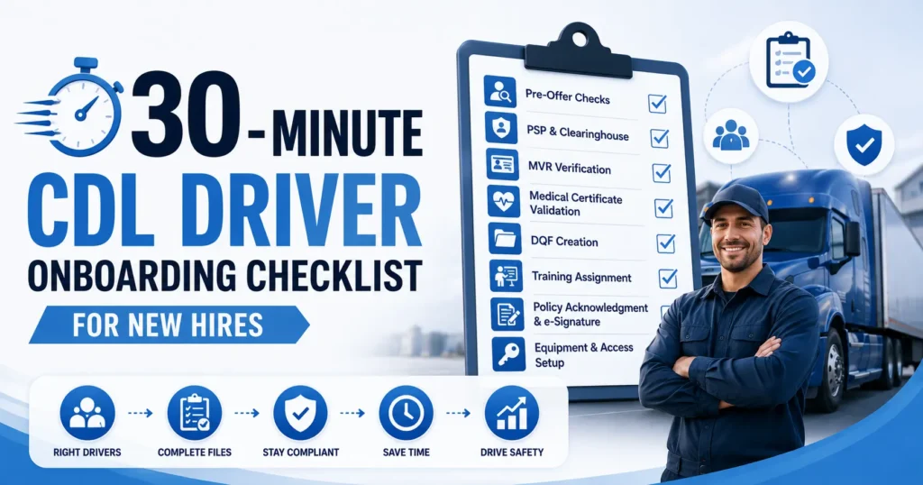 Fleet manager completing a CDL driver onboarding checklist with qualification documents, MVR report, PSP record, and FMCSA compliance forms before assigning a new driver.