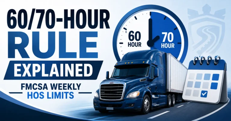 FMCSA 60/70-hour rule showing weekly driving and on-duty hour limits for commercial truck drivers